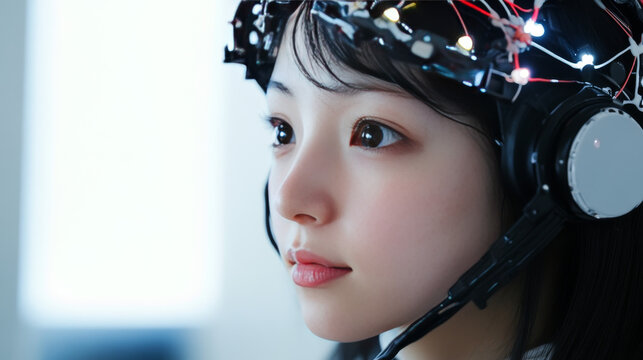 AI or artificial intelligence with the computer brain as a neural network. Programming and Deep machine learning of neural network. Robot Head with cybernetically mind. Abstract Interface elements.
