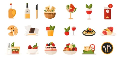 Culinary Delight: A vibrant flat-lay illustration featuring an array of delectable dishes, snacks, beverages, and desserts, a celebration of the art of food