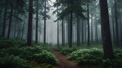 Misty Forest Path  Ferns  Trees  Fog  Nature  Woodland
