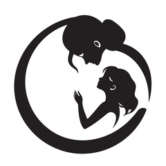 Elegant black and white vector logo silhouette of a mother and child.  The design uses geometric shapes and clean lines, creating a balanced and symmetrical composition on a white background. No text.