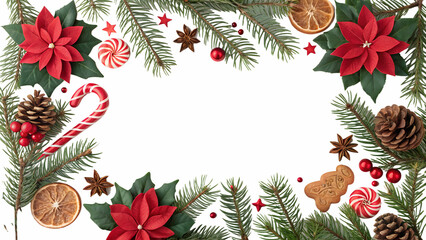 A Festive Christmas Border Of Vibrant Poinsettias, Candy Canes, And Pine Sprigs Creating A Joyful Holiday Frame Against A Bright Isolated on Transparent Background