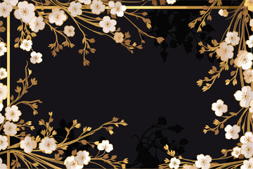 Elegant Floral Frame with White and Gold Cherry Blossoms on Black Background