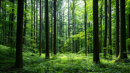 Dense Green Forest With Sunlight Shining Through Tall Trees and Lush Foliage Creating Scenic Nature Background