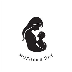 Elegant black and white vector silhouette logo for Happy Mother's Day.  The design should feature a mother and child in a geometric, minimalist style on a white background. Focus on symmetry.