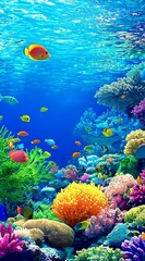Naklejka premium Fish swim above coral reef in blue water. Marine life background for education