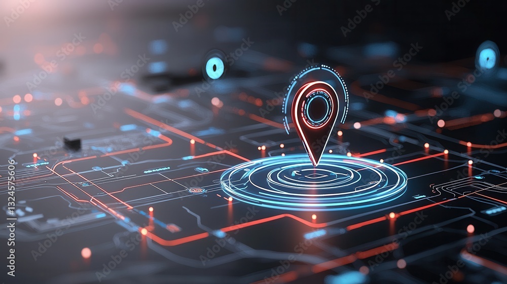 Poster futuristic digital navigation scene featuring a pinpoint mark on a network of interconnected data an