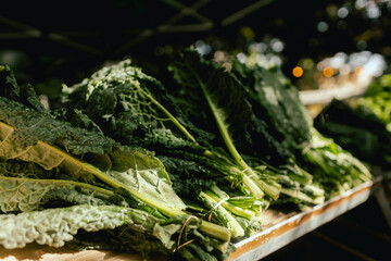 Fresh greens and lettuce at small local urban market. Organic produce on sale at outdoor farmer market. Selling fresh crops and veggies harvest. European urban setting. Close up. Part of the series