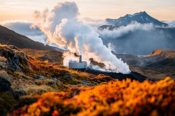 A panoramic view of a geothermal energy plant operating near a volcanic region, with steam rising into the air