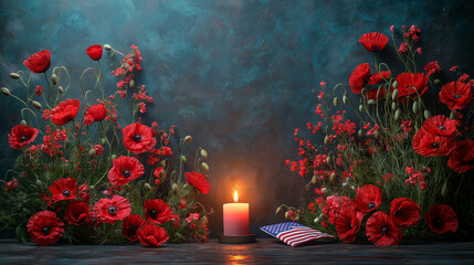 Memorial Day, Burning Candle, Red Poppy Flowers, and Folded American Flag – A Tribute to Fallen Heroes, Ai Generated images.