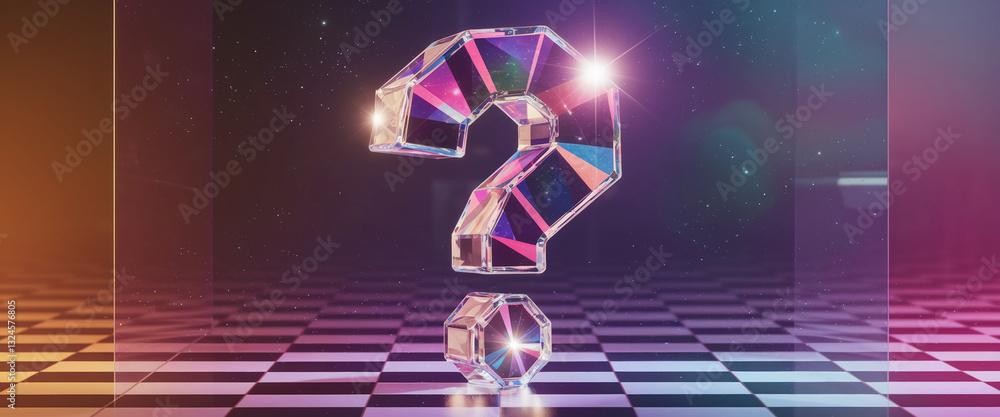 Aufkleber crystalline large question mark on checkered floor, iridescent facets reflecting light, symbolizing 