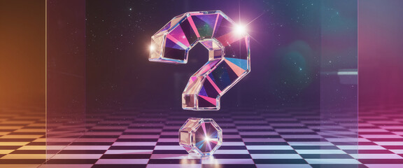 Crystalline large question mark on checkered floor, iridescent facets reflecting light, symbolizing inquiry, mystery, and problem-solving, ideal for abstract concepts