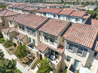 Aerial view of middle class community identical condominium apartment, Oceanside, South California,...