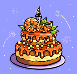 Festive orange cake with candle. For a birthday or event. Vector cute
illustration.