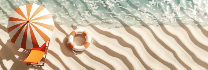 "Beach Vacation Essentials: Chair, Umbrella, and Swimming Ring"