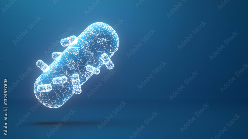 Poster glowing digital microscopic structure against a deep blue background displaying advanced technology