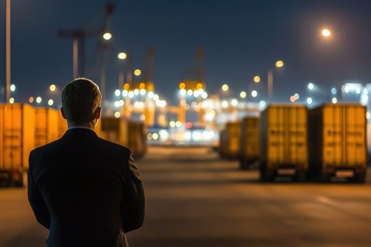 Businessman monitors real time delivery operations at night in port Generative AI