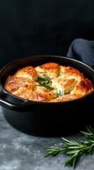 Fototapeta premium Freshly Baked Cheesy Rosemary Bread, Rustic Loaf in Cast Iron, Home Cooking Concept