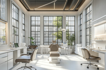 Fototapeta premium beauty salon with high ceilings, floor-to-ceiling windows, and stylish furnishings, offering a high-end and relaxing space for professional beauty treatments.