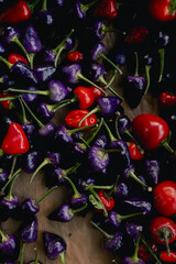 Mexican hot chili peppers colorful mix habanero poblano serrano jalapeno. Vegetarian food. Close-up