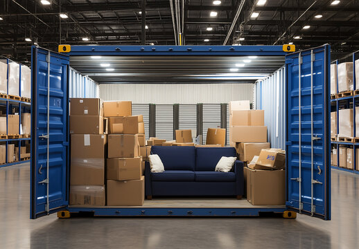 blue shipping container in a warehouse, packed with neatly stacked cardboard boxes and a sofa, symbolizing logistics, trade, and global supply chain management.