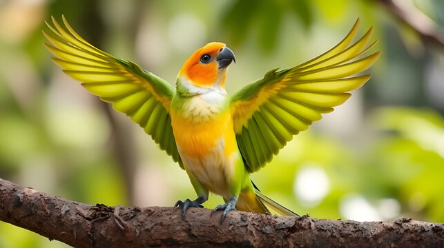 the white bellied caique is stretching its green wings