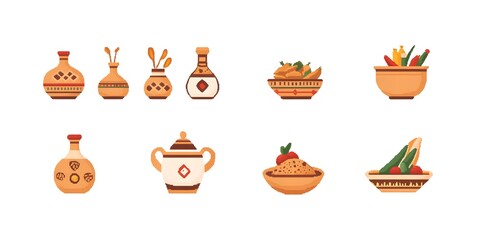 Artisan Pottery and Dishes: A collection of hand-crafted, artisan pottery vases and decorative dishes with various designs, evoking a sense of cultural heritage and rustic charm.