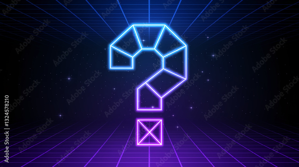 Poster Neon large question mark on a grid background, reminiscent of 80s synthwave aesthetics, symbolizing inquiry, uncertainty, or a need for answers, suitable for game design or tech-related projects
