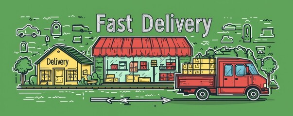 Illustration of fast delivery with a truck and warehouse concept