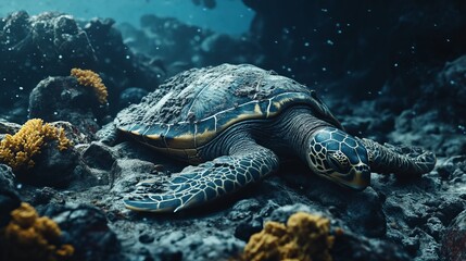Fototapeta premium A turtle resting on a rocky coral reef.