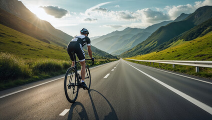Fototapeta premium Cyclist riding bicycle on scenic mountain road at sunset, professional athlete training outdoors in beautiful natural landscape