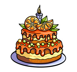 Festive orange cake with candle. For a birthday or event. Vector cute
illustration. Isolation on white.