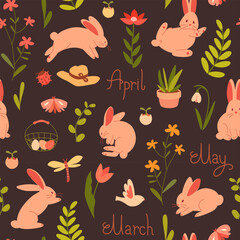 Spring seamless pattern on a dark background with cute rabbits, flowers, leaves, inscriptions of spring months. Ideal for wrapping, textiles, printing, wallpaper