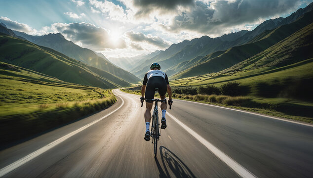 Cyclist riding bicycle on scenic mountain road at sunset 2