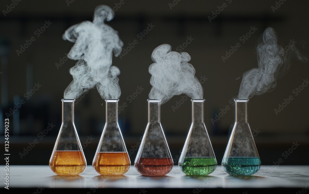 Poster colorful liquids steaming in erlenmeyer flasks on a dark lab table