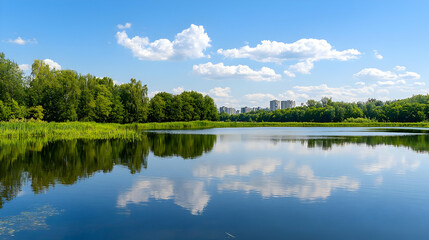 Fototapeta premium Scenic Lake Reflection Under Blue Sky With Green Trees and City Skyline in Background