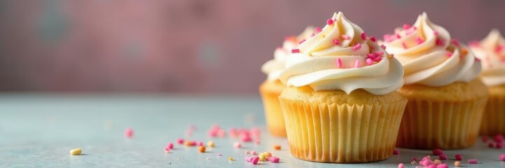 Stack of moist vanilla cupcakes topped with swirled frosting and sprinkles, treats, frosting, swirled frosting