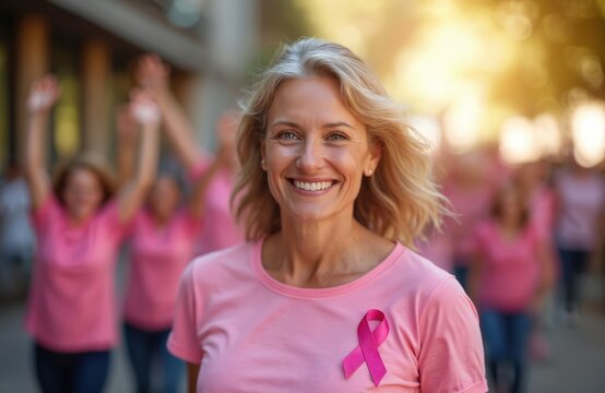 Smiling woman in pink shirt with breast cancer awareness ribbon surrounded by support group. Cancer survivor celebrates victory, overcomes challenges. Cheerful people raise hands, support healthcare - Powered by Adobe