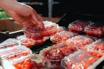 Close-up of hand with fresh raspberry in plastic packaging at local urban market. Organic produce on sale at outdoor farmer market. Selling fresh crops and veggies harvest. Part of the series