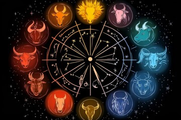 A pixel art zodiac wheel with each symbol animated to glow and spin, set against a colorful starry sky in retro gaming style