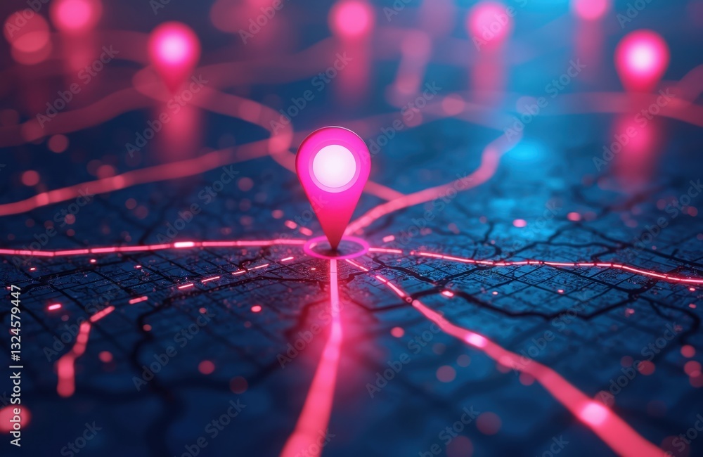Aufkleber Location on map with pink points. AI tech in GPS innovation. Delivery, future transport logistics. Route path concept, new address. Change navigation, tracking coordinates, positioning system,