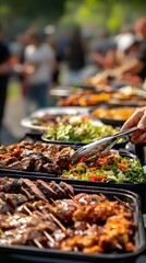 Grilling Feast: A tantalizing array of grilled delicacies, from succulent meats to vibrant salads, tempts diners at a festive outdoor barbecue.