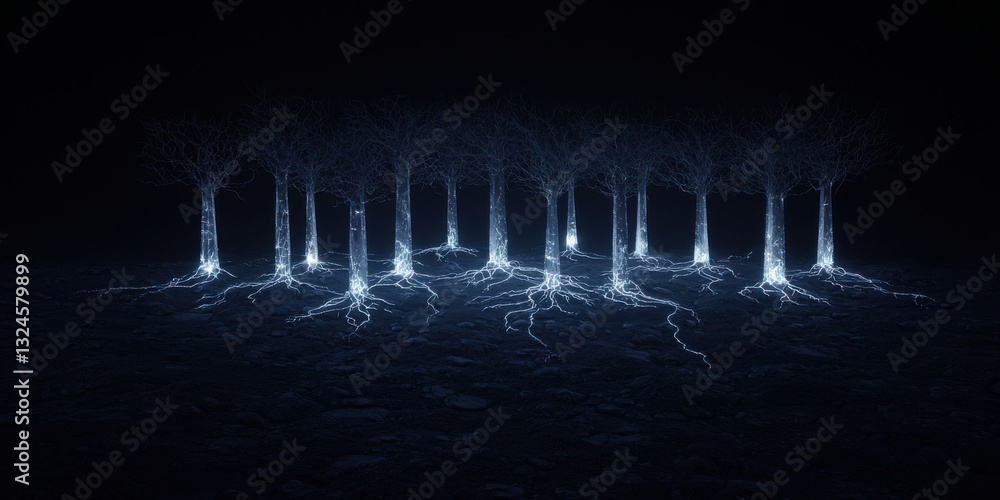 Poster illuminated forest trees with glowing roots abstract conceptual digital art
