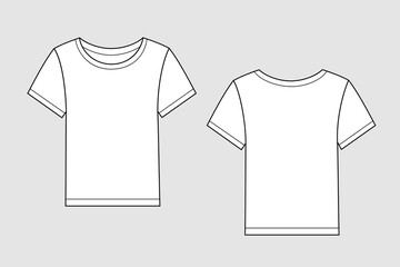Female t-shirt vector template isolated on a grey background. Front and back view. Outline fashion technical sketch of clothes model.