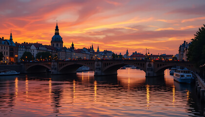 Fototapeta premium Mesmerizing Sunset Over a Historic European Bridge and River