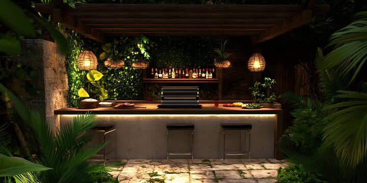 Hidden Paradise: A lavish outdoor bar, enveloped in a serene atmosphere and lush greenery. capturing the elegance and tranquility.