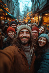 Obraz premium Photo lifestyle d’un homme barbu en tenue hivernale prenant un selfie joyeux avec ses amis dans un marché de Noël animé, sous des guirlandes lumineuses et une ambiance festive