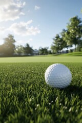 Obraz premium Closeup view of golf ball on green grass lawn