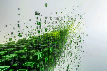 Glowing neon green digital code forming a matrix-like abstract structure, dissolving into the distance. The futuristic cyber design with floating numbers and cubes represents data, AI