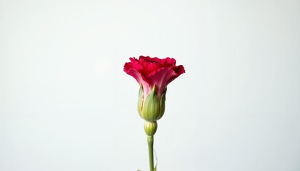 Fototapeta premium Close-up of a single red carnation bud on a white background, focusing on the details of the blooming flower