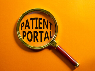 Patient Portal symbol. Magnifying glass with words Patient Portal. Beautiful orange background....